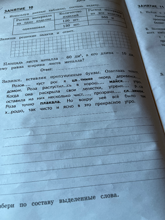 Используя данные таблицы, составь задачу. Площадь листа металла – 60 дм², а его длина – 10 дм. Чему равна ширина листа металла? Запиши, вставляя пропущенные буквы. Озаглавь текст.