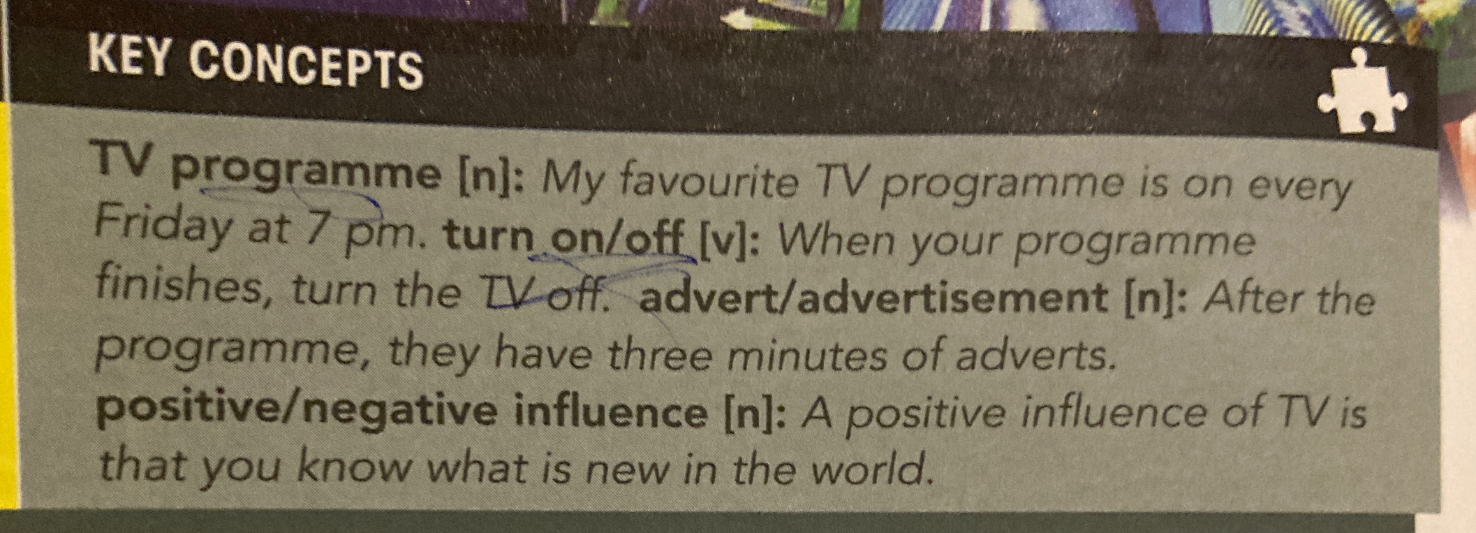 Составить предложения с выделиными словами: TV programme, turn on/off, advert/advertisement, positive/negative influence.