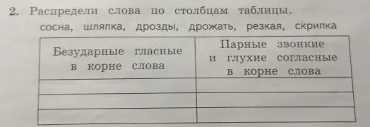 2. Распредели слова по столбцам таблицы.