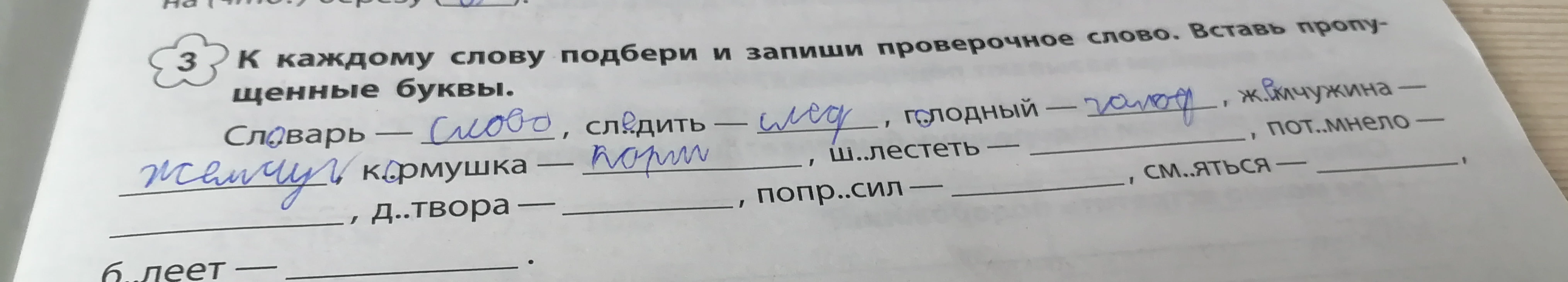 К каждому слову подбери и запиши проверочное слово. Вставь пропущенные буквы.