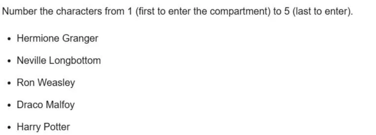 Number the characters from 1 (first to enter the compartment) to 5 (last to enter).