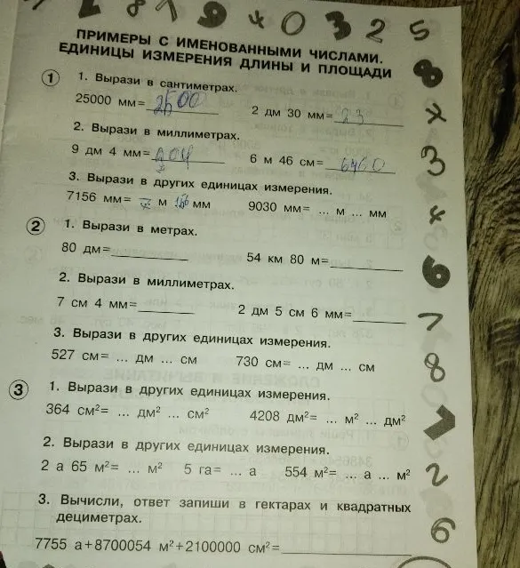 ПРИМЕРЫ С ИМЕНОВАННЫМИ ЧИСЛАМИ. ЕДИНИЦЫ ИЗМЕРЕНИЯ ДЛИНЫ И ПЛОЩАДИ. 1. Вырази в сантиметрах. 25000 мм = ...