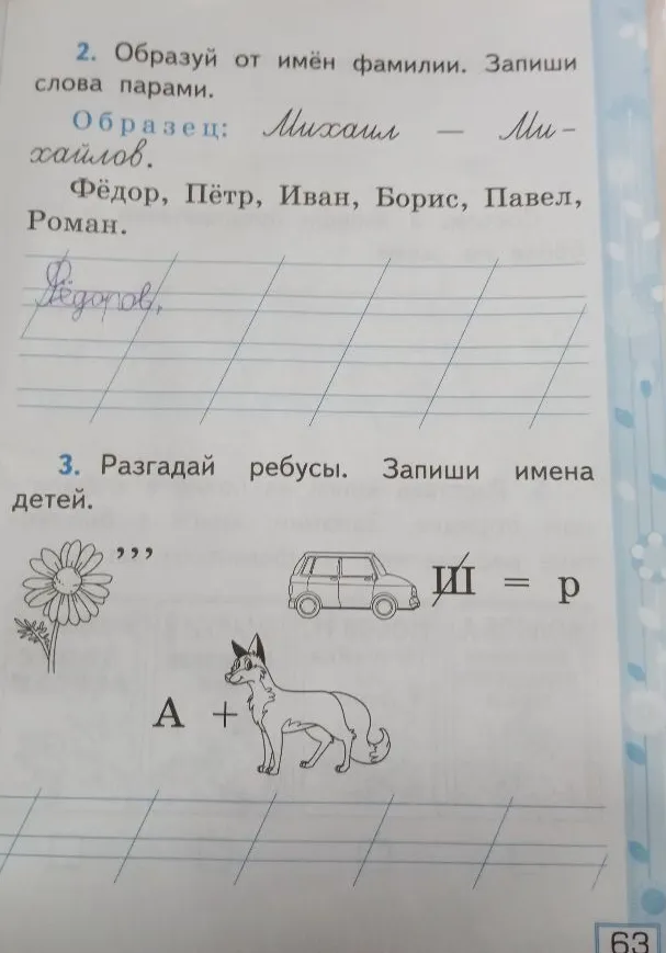 Образуй от имён фамилии. Запиши слова парами.