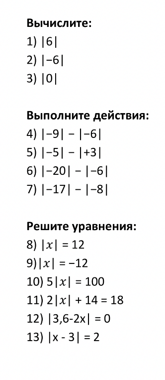Вычислите: 1) |6| 2) |-6| 3) |0|