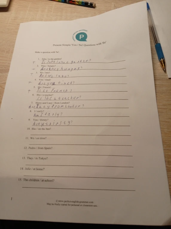 Make a question with 'be'. 10. She / on the bus?
