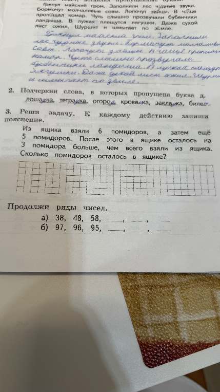 Подчеркни слова, в которых пропущена буква д. Реши задачу. К каждому действию запиши пояснение. Продолжи ряды чисел.