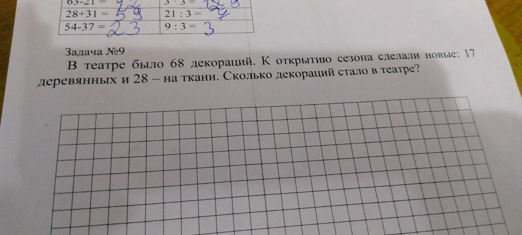 В театре было 68 декораций. К открытию сезона сделали новые: 17 деревянных и 28 — на ткани. Сколько декораций стало в театре?