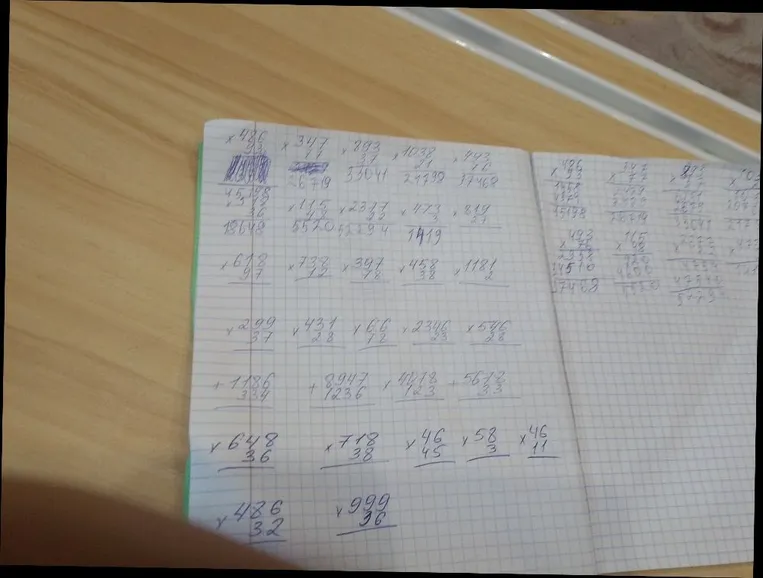 Выполнение умножения чисел в столбик, представленных в тетради.