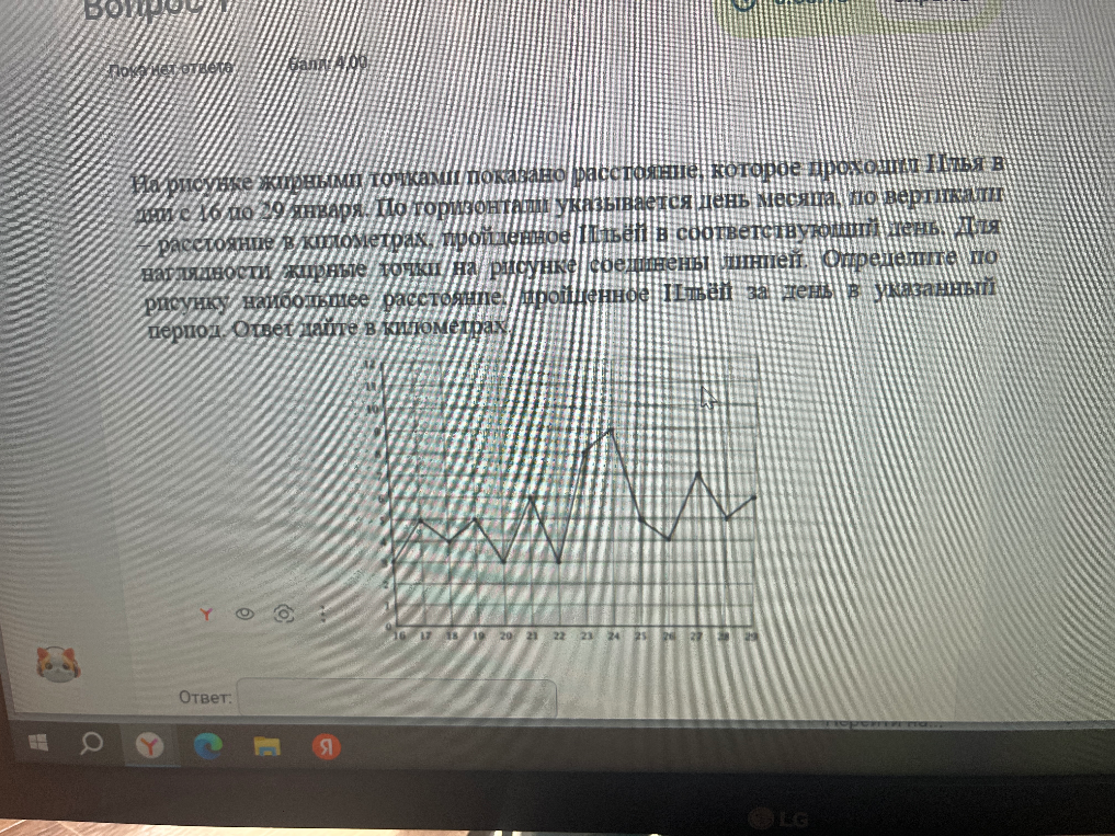На рисунке жирными точками показано расстояние, которое проходил Илья в дни с 16 по 29 января. По горизонтали указывается день месяца, по вертикали — расстояние в километрах, пройденное Ильёй в соответствующий день. Для наглядности жирные точки на рисунке соединены линией. Определите по рисунку наибольшее расстояние, пройденное Ильёй за день в указанный период. Ответ дайте в километрах.