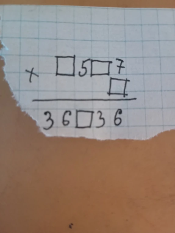 Восстановление пропущенных цифр в примере на умножение: [ ] 5 [ ] 7 * [ ] = 3 6 [ ] 3 6.