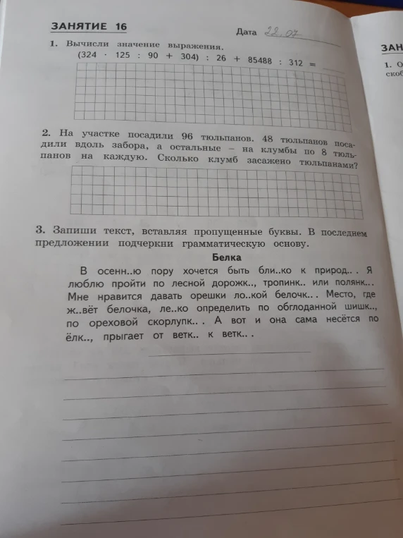 1. Вычисли значение выражения. 2. На участке посадили 96 тюльпанов. 3. Запиши текст, вставляя пропущенные буквы.