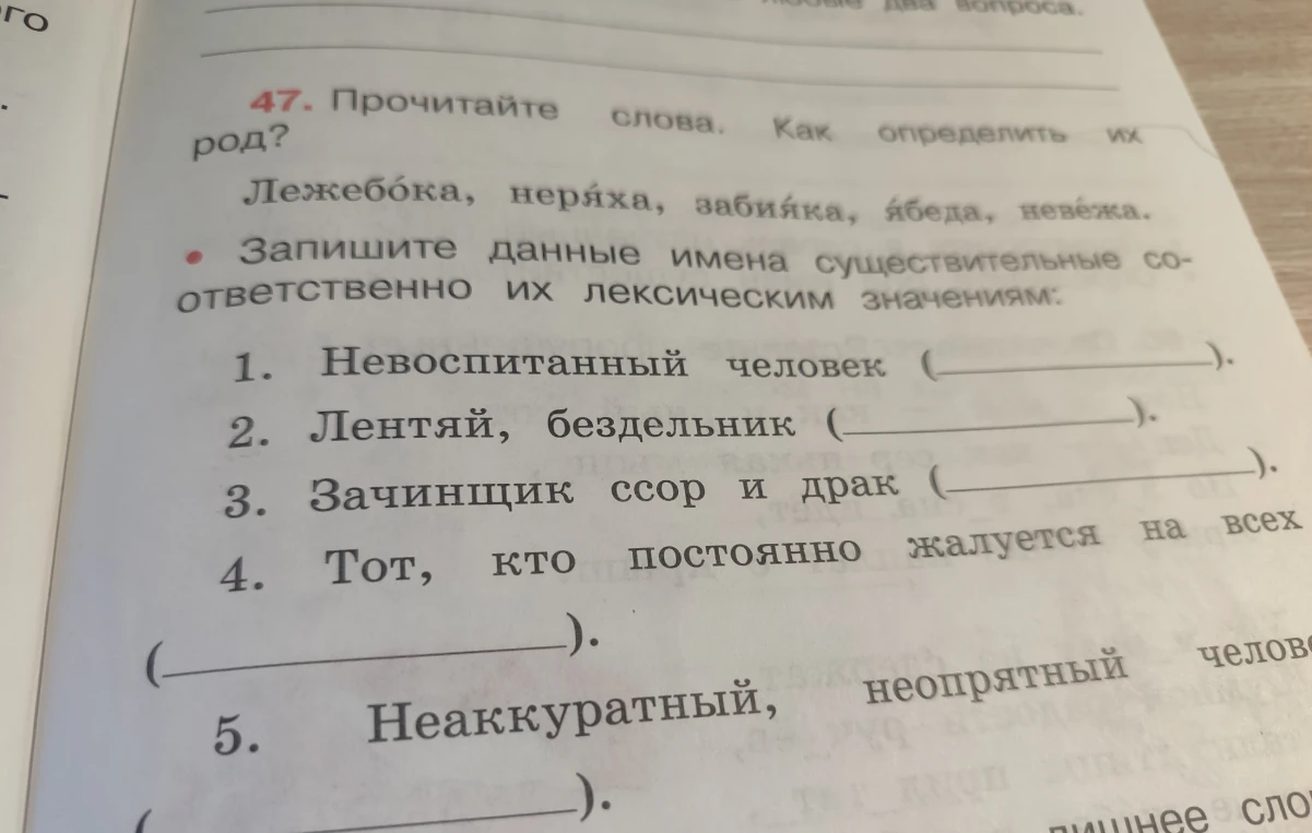 47. Прочитайте слова. Как определить их род? Лежебока, неряха, забияка, ябеда, невежа.
