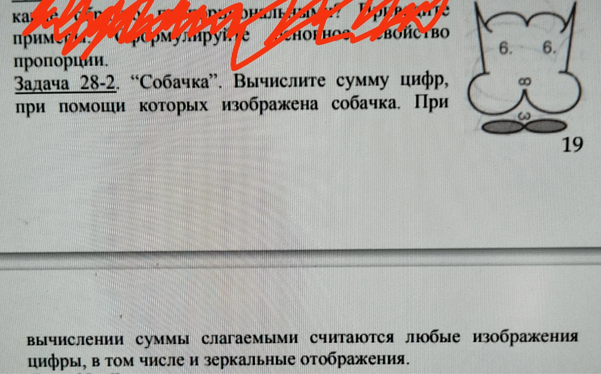 Задача 28-2. "Собачка". Вычислите сумму цифр, при помощи которых изображена собачка. При вычислении суммы слагаемыми считаются любые изображения цифры, в том числе и зеркальные отображения.