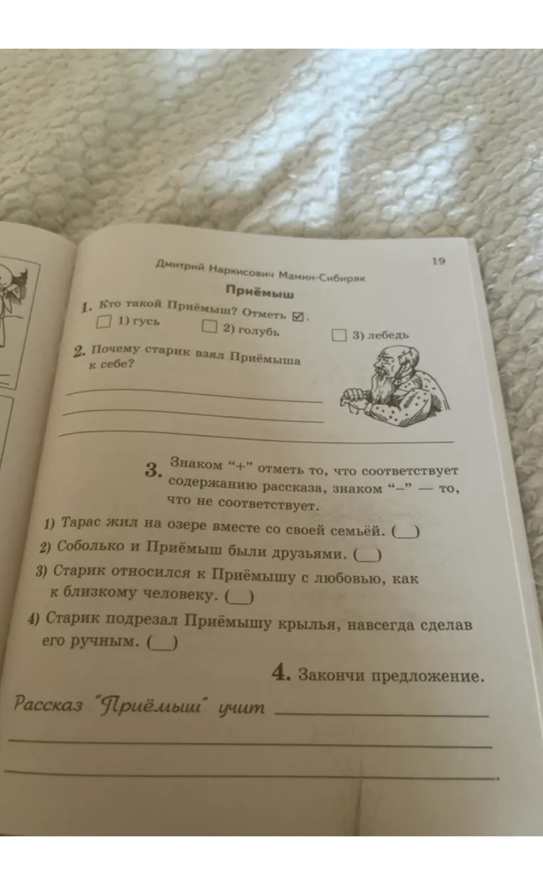 1. Кто такой Приёмыш? Отметь. 1) гусь 2) голубь 3) лебедь. 2. Почему старик взял Приёмыша к себе?