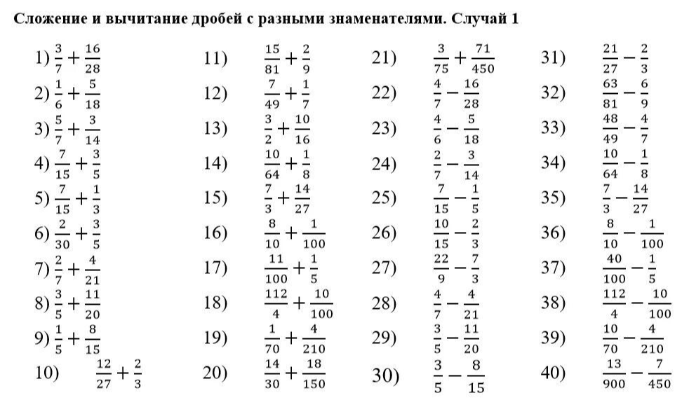 Сложение и вычитание дробей с разными знаменателями. Случай 1