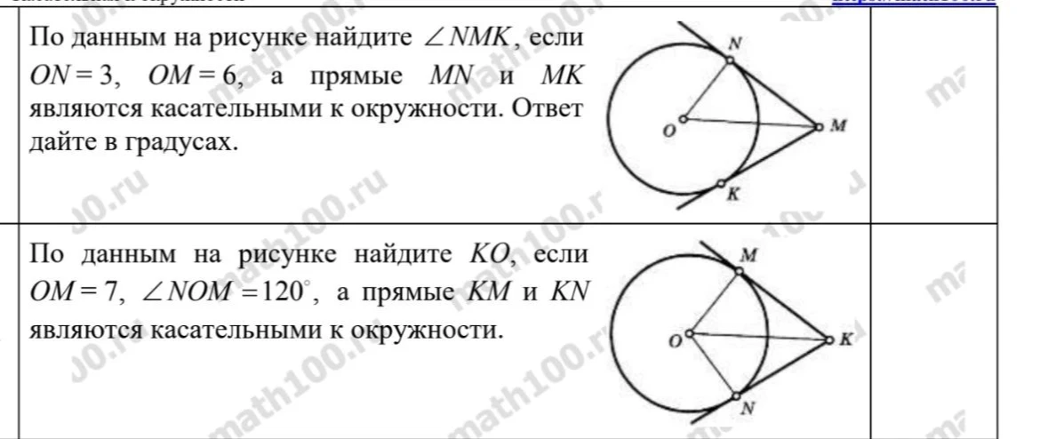 По данным на рисунке найдите ∠ NMK, если ON = 3, OM = 6, а прямые MN и MK являются касательными к окружности.