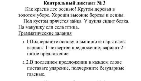 Контрольный диктант № 3. Грамматические задания: 1. Подчеркните основу и выпишите пары слов: вариант 1-четвертое предложение; вариант 2-пятое предложение. 2. В последнем предложении в каждом слове поставьте ударение, подчеркните безударные гласные.