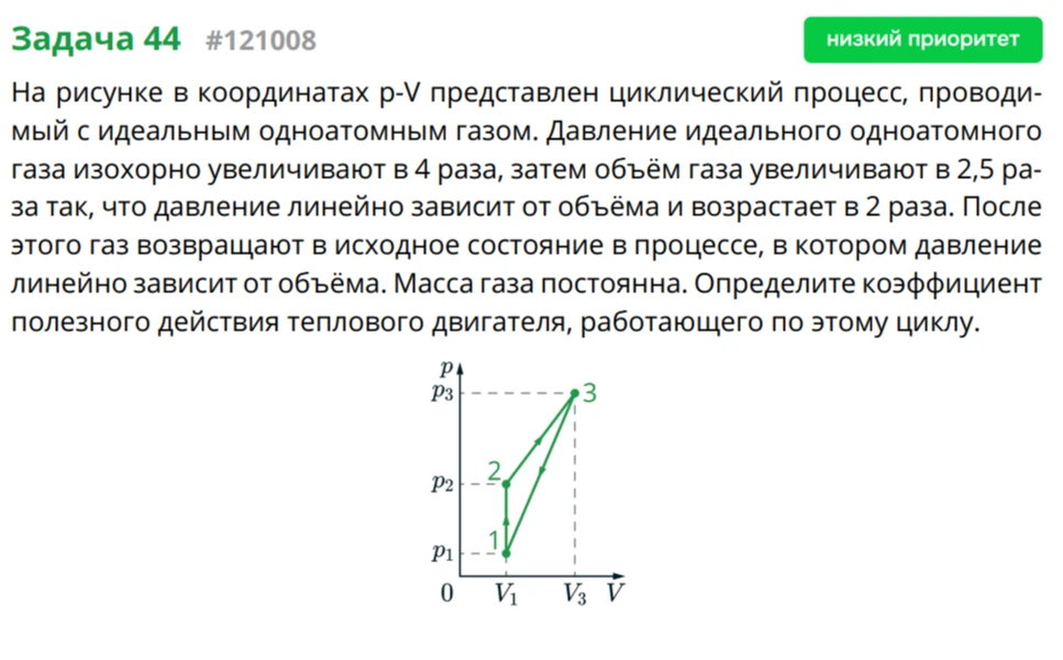 На рисунке в координатах p-V представлен циклический процесс, проводимый с идеальным одноатомным газом. Давление идеального одноатомного газа изохорно увеличивают в 4 раза, затем объём газа увеличивают в 2,5 раза так, что давление линейно зависит от объёма и возрастает в 2 раза. После этого газ возвращают в исходное состояние в процессе, в котором давление линейно зависит от объёма. Масса газа постоянна. Определите коэффициент полезного действия теплового двигателя, работающего по этому циклу.