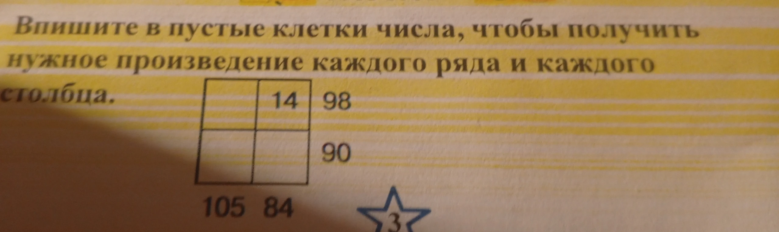 Впишите в пустые клетки числа, чтобы получить нужное произведение каждого ряда и каждого столбца.