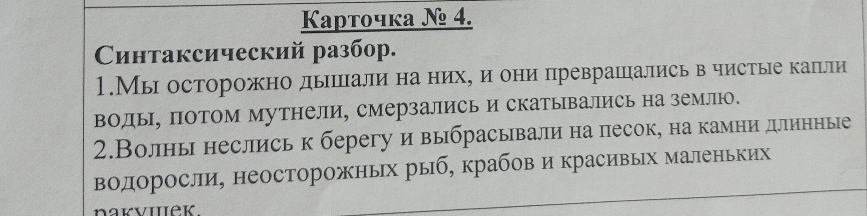 Карточка № 4. Синтаксический разбор. 1.Мы осторожно дышали на них, и они превращались в чистые капли воды, потом мутнели, смерзались и скатывались на землю. 2.Волны неслись к берегу и выбрасывали на песок, на камни длинные водоросли, неосторожных рыб, крабов и красивых маленьких ракушек.