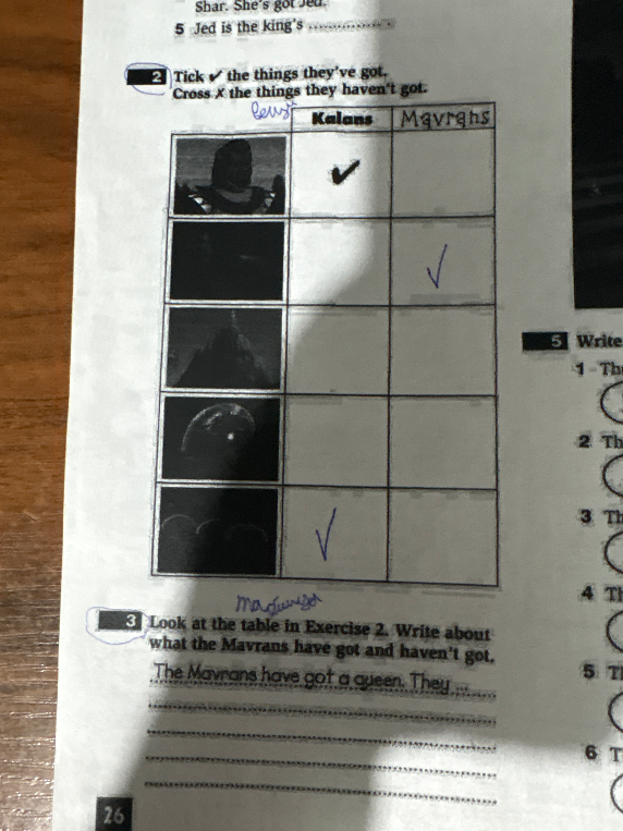 Look at the table in Exercise 2. Write about what the Mavrans have got and haven't got.