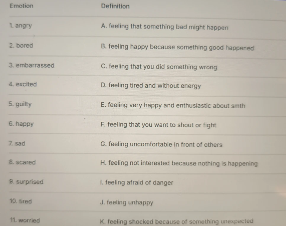 Match the emotions with the definitions.