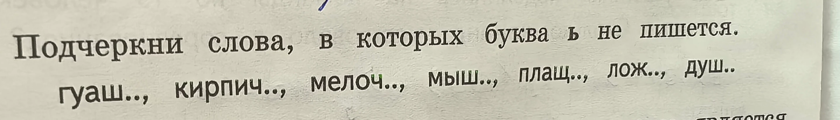 Подчеркни слова, в которых буква ь не пишется. гуаш.., кирпич.., мелоч.., мыш.., плащ.., лож.., душ..