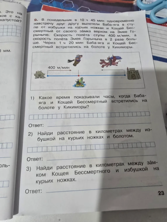 9. В понедельник в 10 ч 45 мин одновременно навстречу друг другу вылетели Баба-яга в ступе от избушки на курьих ножках и Кощей Бессмертный от своего замка верхом на Змее Горыныче.