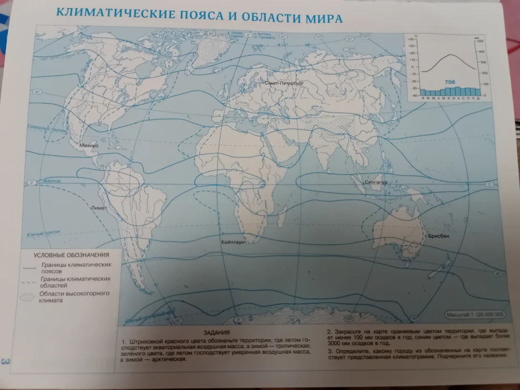 1. Штриховкой красного цвета обозначьте территории, где летом господствует экваториальная воздушная масса, а зимой — тропическая; зелёного цвета, где летом господствует умеренная воздушная масса, а зимой — арктическая.