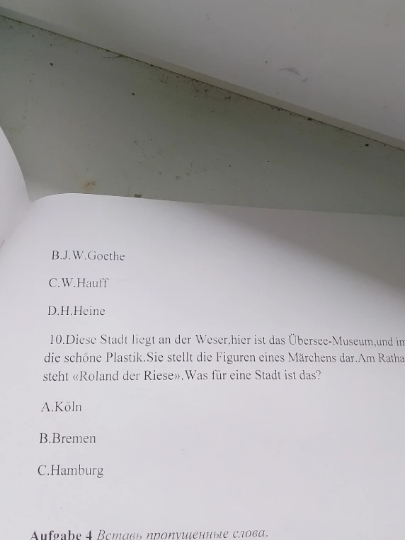 10.Diese Stadt liegt an der Weser,hier ist das Übersee-Museum,und im die schöne Plastik.Sie stellt die Figuren eines Märchens dar.Am Ratha steht «Roland der Riese».Was für eine Stadt ist das?