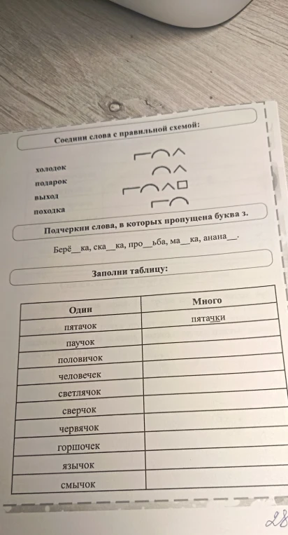 Соедини слова с правильной схемой: холодок, подарок, выход, походка. Подчеркни слова, в которых пропущена буква з. Заполни таблицу: Один - Много.