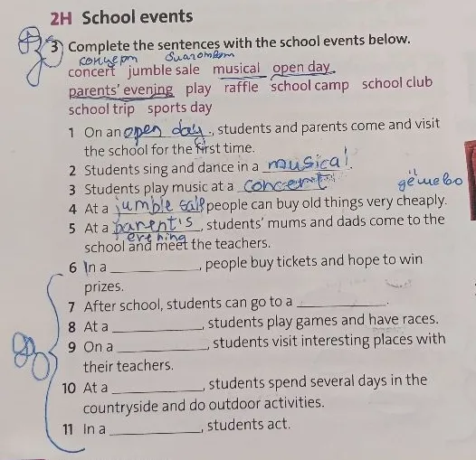 Complete the sentences with the school events below.