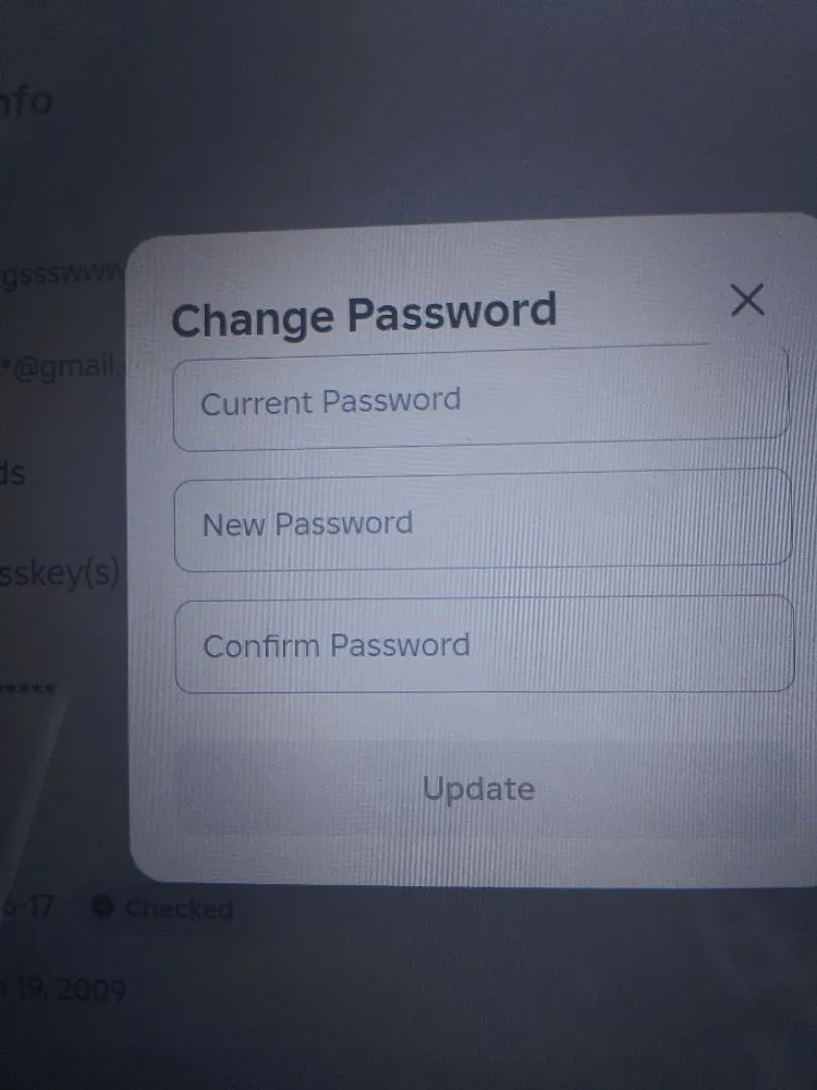 Change Password, Current Password, New Password, Confirm Password, Update