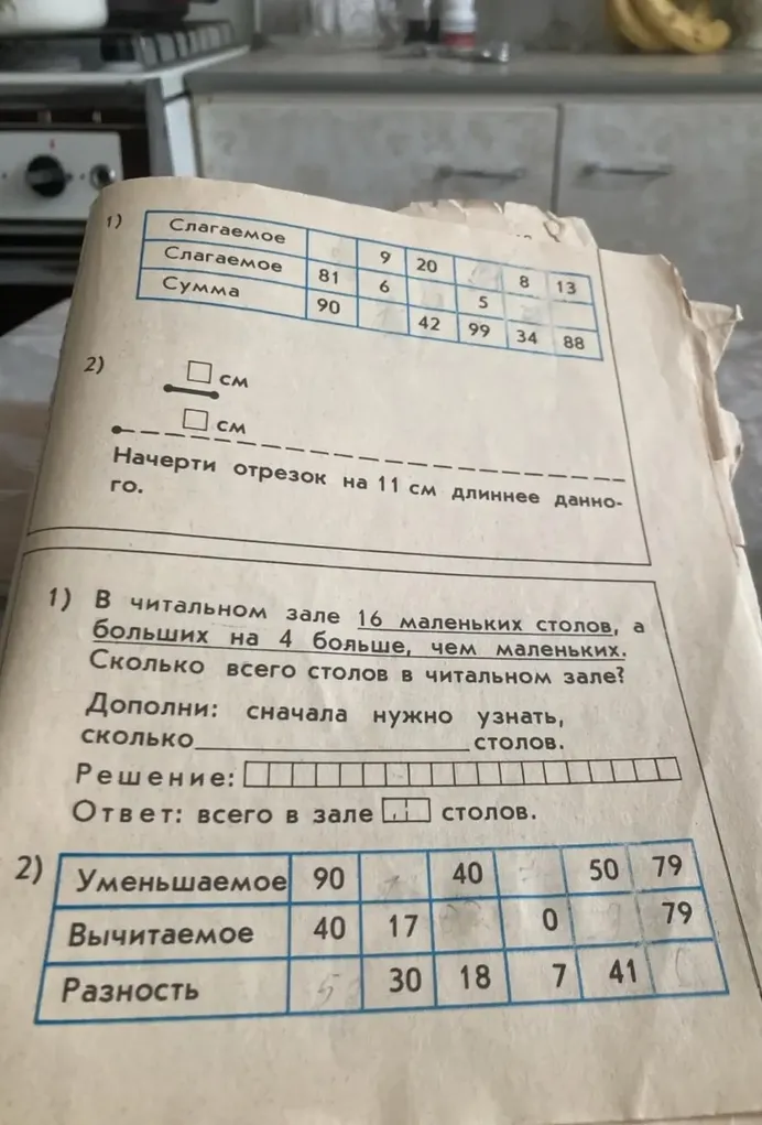 1) Слагаемое 90, Слагаемое 81, Сумма (таблица)