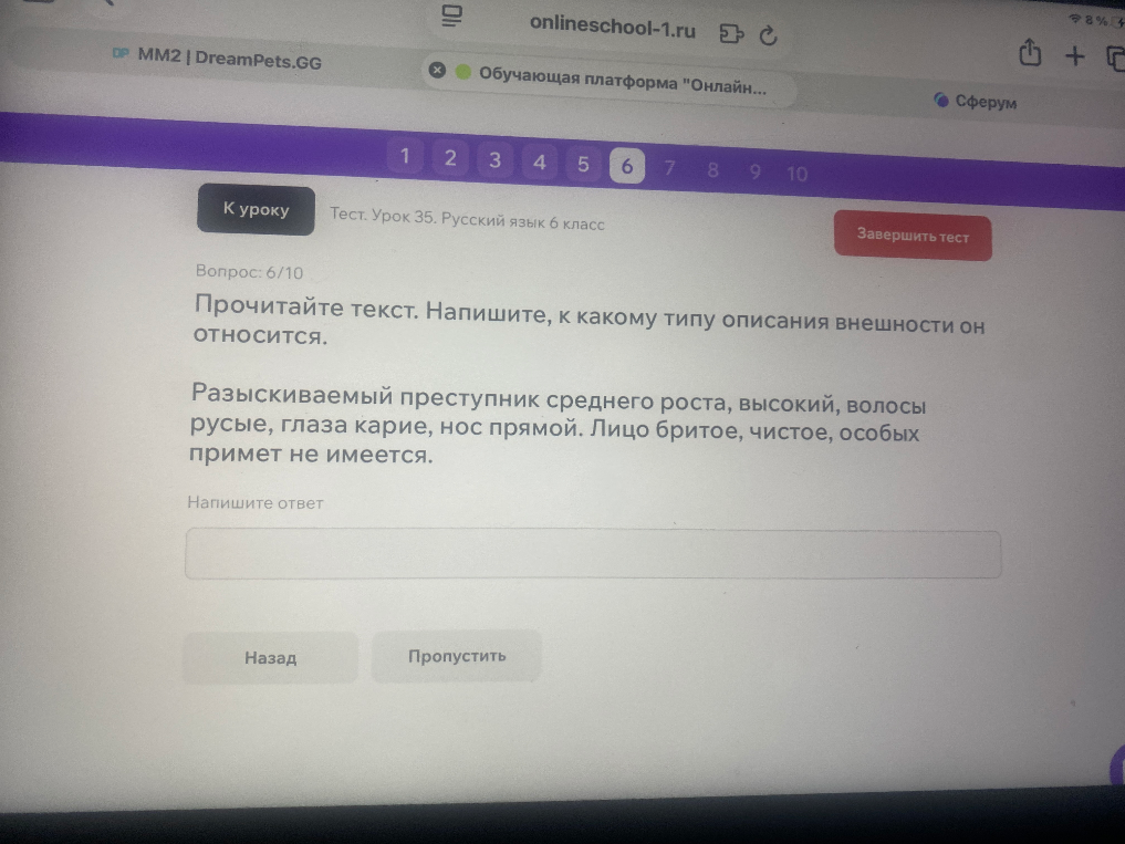 Прочитайте текст. Напишите, к какому типу описания внешности он относится.