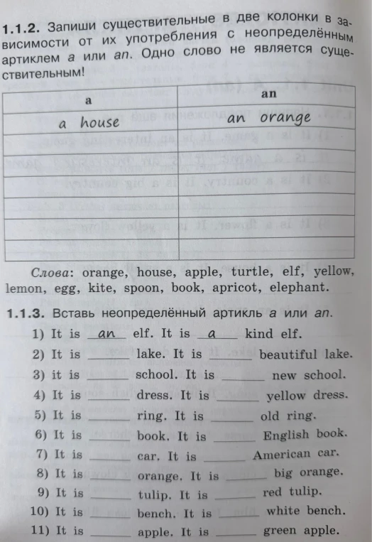1.1.2. Запиши существительные в две колонки в зависимости от их употребления с неопределённым артиклем a или an.