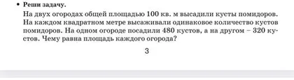 На двух огородах общей площадью 100 кв. м высадили кусты помидоров. На каждом квадратном метре высаживали одинаковое количество кустов помидоров. На одном огороде посадили 480 кустов, а на другом – 320 кустов. Чему равна площадь каждого огорода?