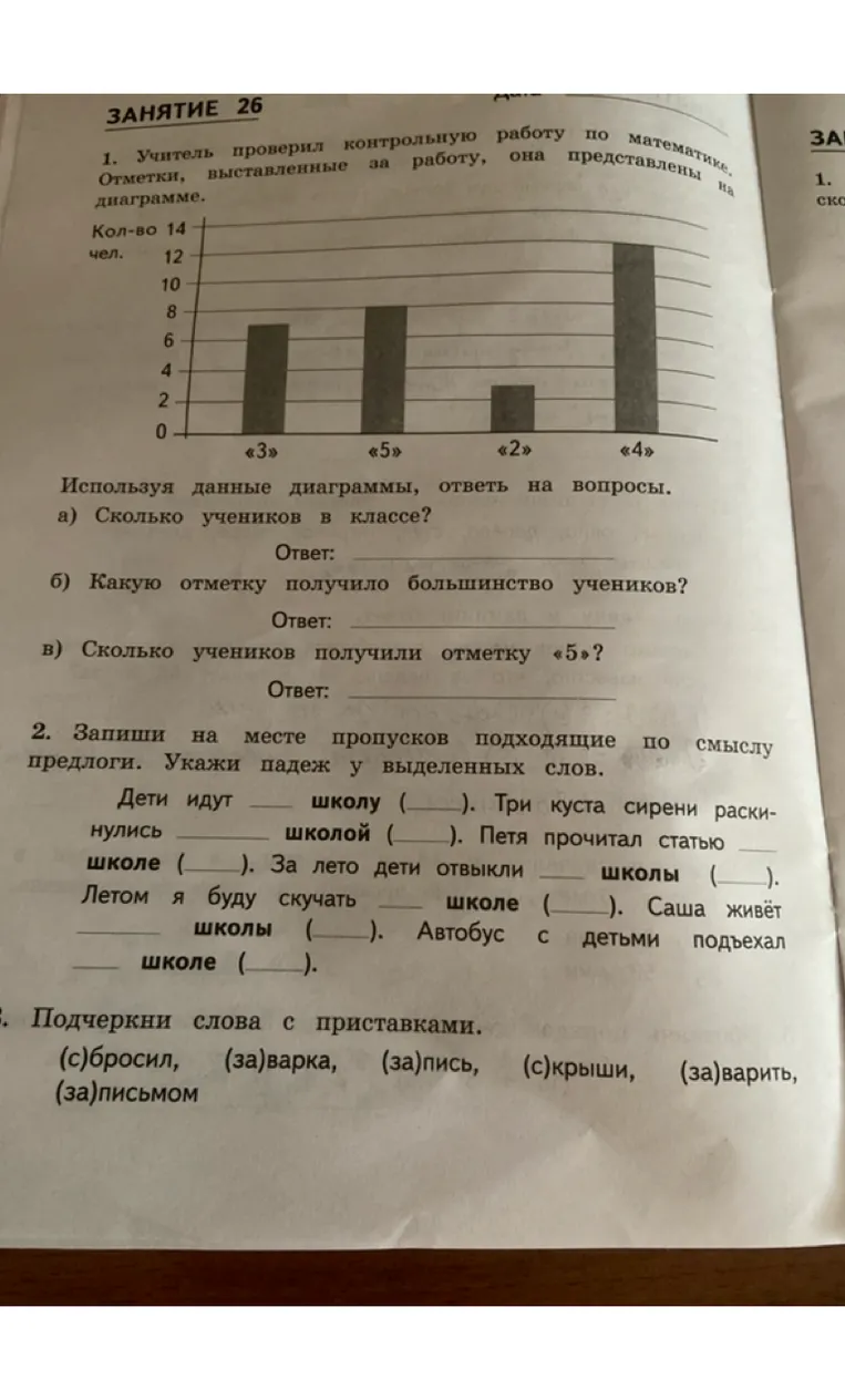 Учитель проверил контрольную работу по математике. Отметки, выставленные за работу, она представлены на диаграмме.