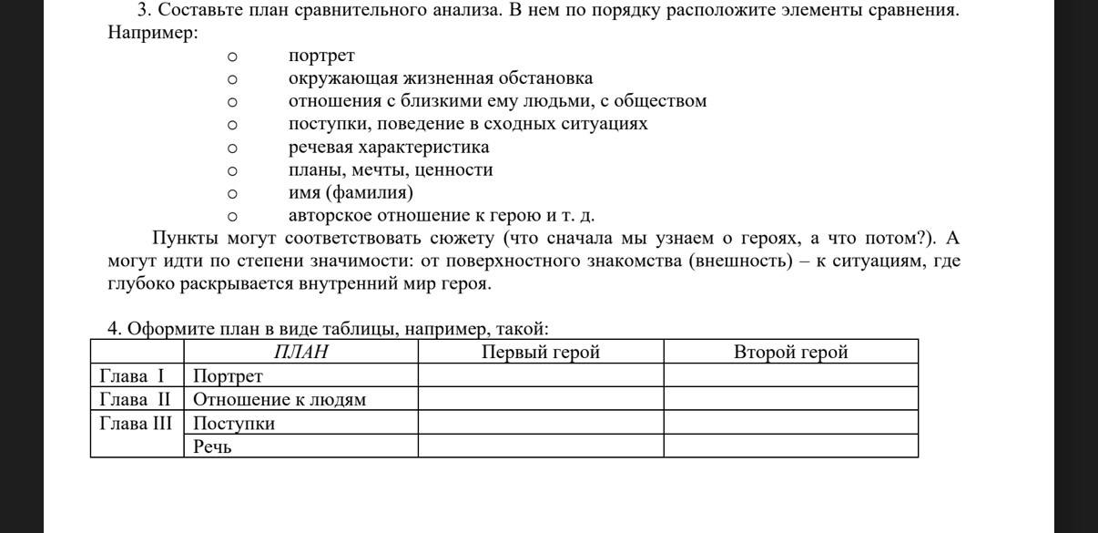 3. Составьте план сравнительного анализа. В нем по порядку расположите элементы сравнения.