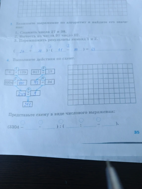 Представьте схему в виде числового выражения: (3304 - ... . ...) : (... : ... - ...).