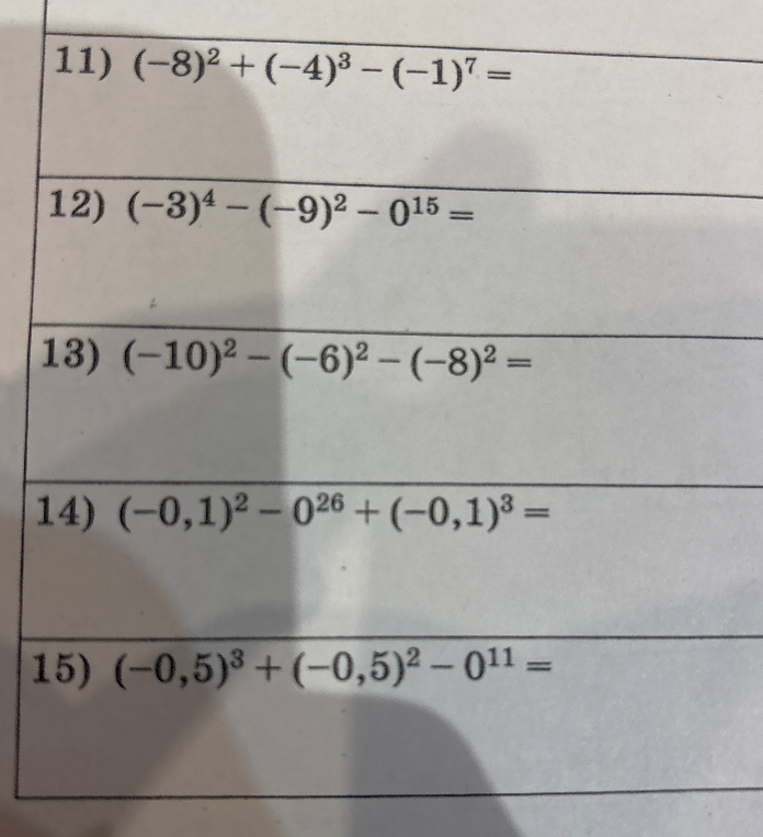 11) (-8)^2 + (-4)^3 - (-1)^7 =