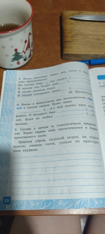 3. Впиши окончания. Укажи род, число и падеж имён прилагательных. На солнце тёмн... лес зардел...