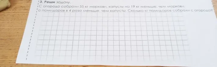 3. Реши задачу. С огорода собрали 55 кг моркови, капусты на 19 кг меньше, чем моркови, а помидоров в 4 раза меньше, чем капусты. Сколько кг помидоров собрали с огорода?