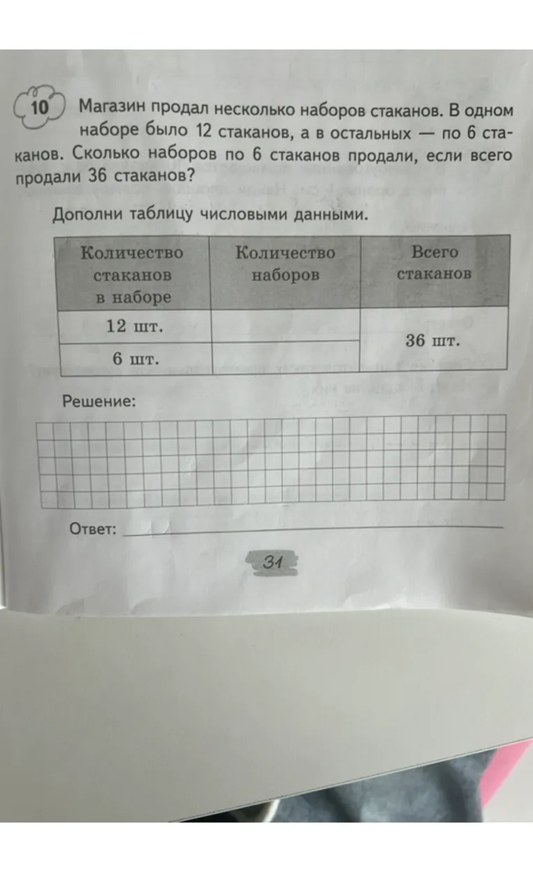 Магазин продал несколько наборов стаканов. В одном наборе было 12 стаканов, а в остальных — по 6 стаканов. Сколько наборов по 6 стаканов продали, если всего продали 36 стаканов?