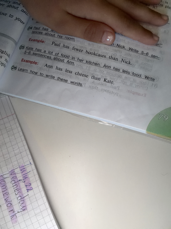 Kate has a lot of food in her kitchen. Ann has less food. Write 5-6 sentences about Ann.