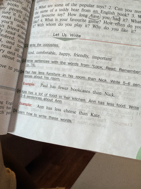 Write the opposites. Write 5-6 sentences about his room. Write 5-6 sentences about Ann.