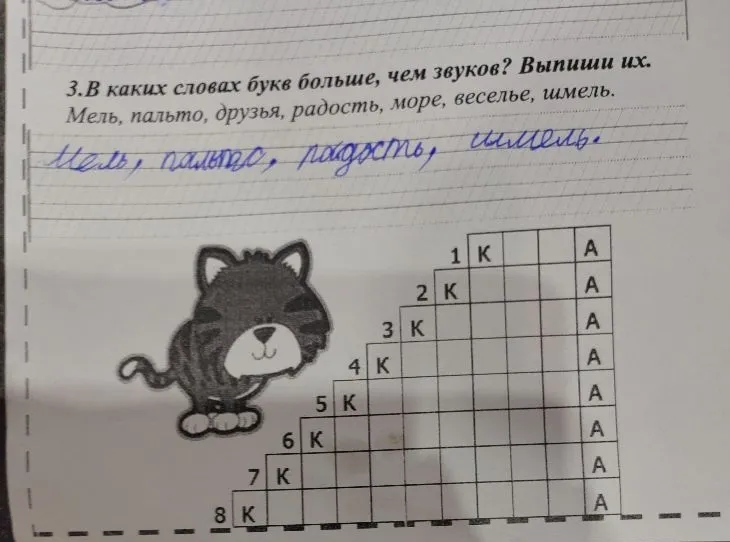 В каких словах букв больше, чем звуков? Выпиши их. Мель, пальто, друзья, радость, море, веселье, шмель.