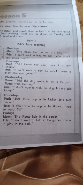 What are his chores on Tuesday and Read and check.