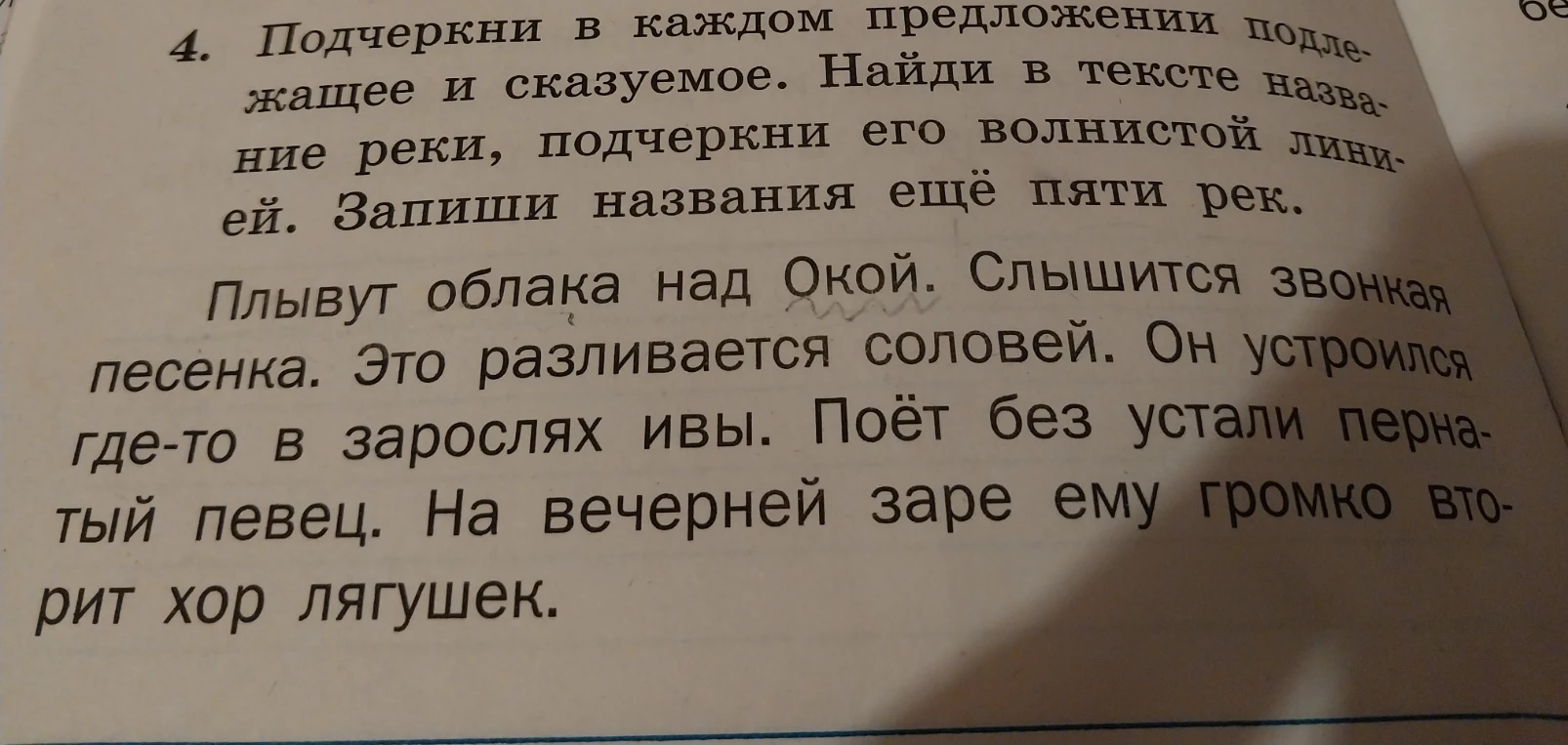 Подчеркни в каждом предложении подлежащее и сказуемое. Найди в тексте название реки, подчеркни его волнистой линией. Запиши названия ещё пяти рек.