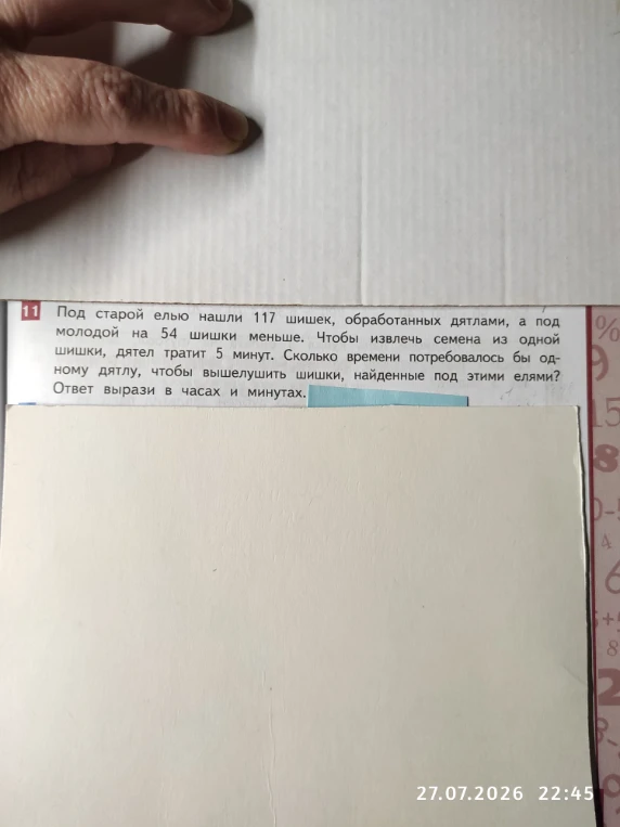 Под старой елью нашли 117 шишек, обработанных дятлами, а под молодой на 54 шишки меньше. Чтобы извлечь семена из одной шишки, дятел тратит 5 минут. Сколько времени потребовалось бы одному дятлу, чтобы вышелушить шишки, найденные под этими елями? Ответ вырази в часах и минутах.